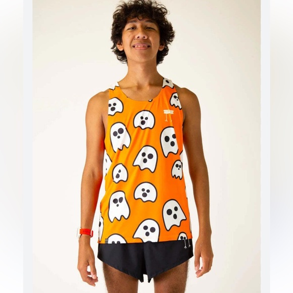Chicknlegs Men’s Orange Ghost Print Running Singlet Tank Top Size Medium Mesh - Picture 1 of 6